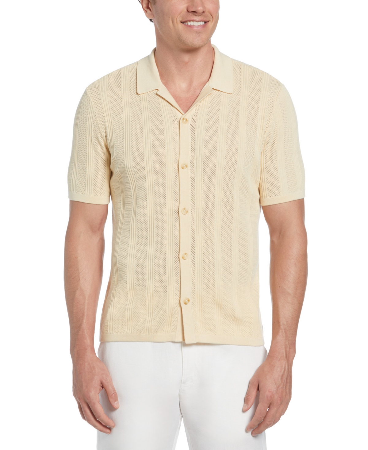 Men's Short Sleeve Camp Collar Sweater Button-Front Shirt - Bleached Sand