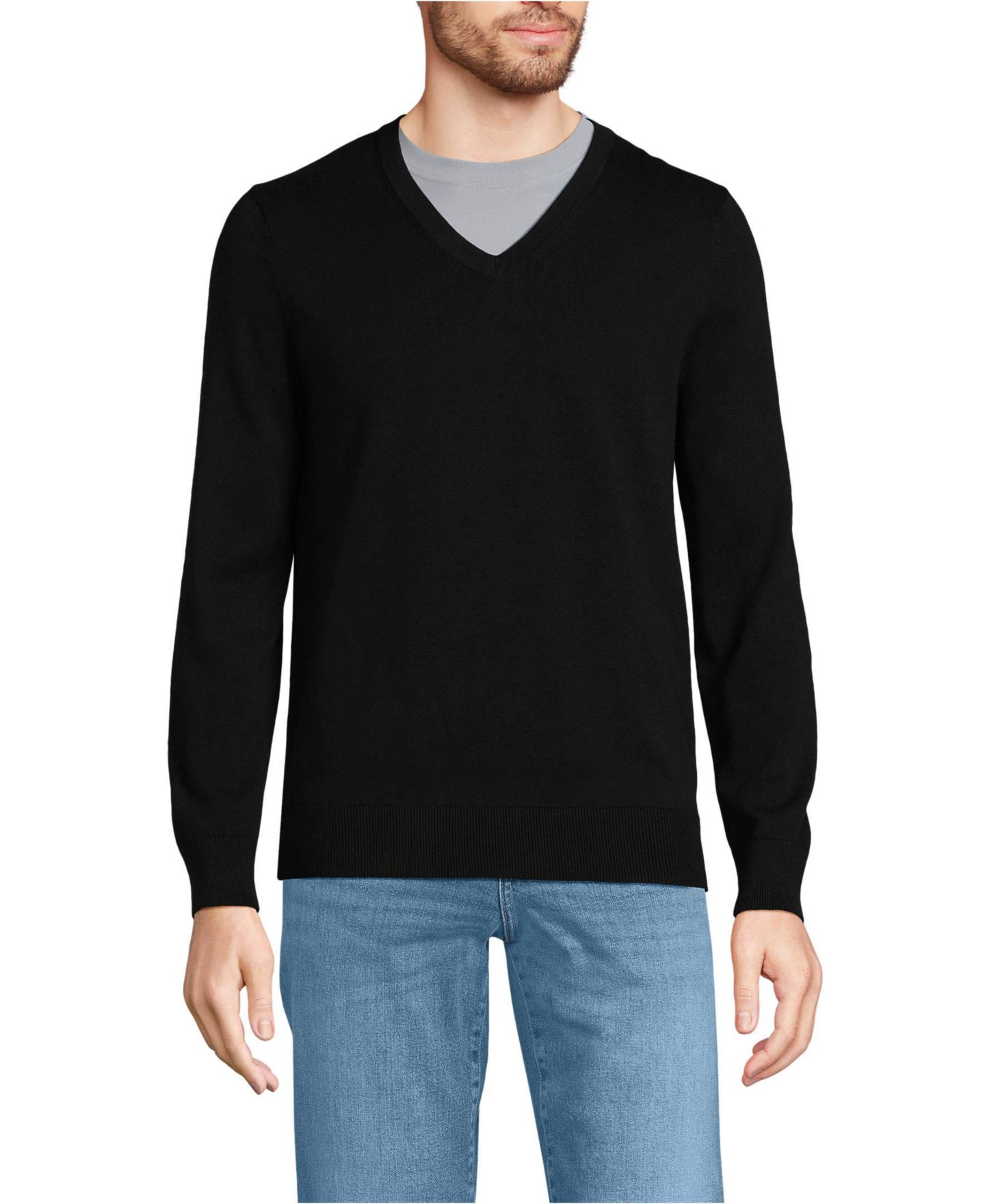 Мужской свитер Lands' End Fine Gauge Cotton V-neck, цвет: Чёрный — фото 1