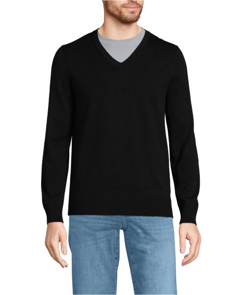 Мужской свитер Lands' End Fine Gauge Cotton V-neck, цвет: Чёрный