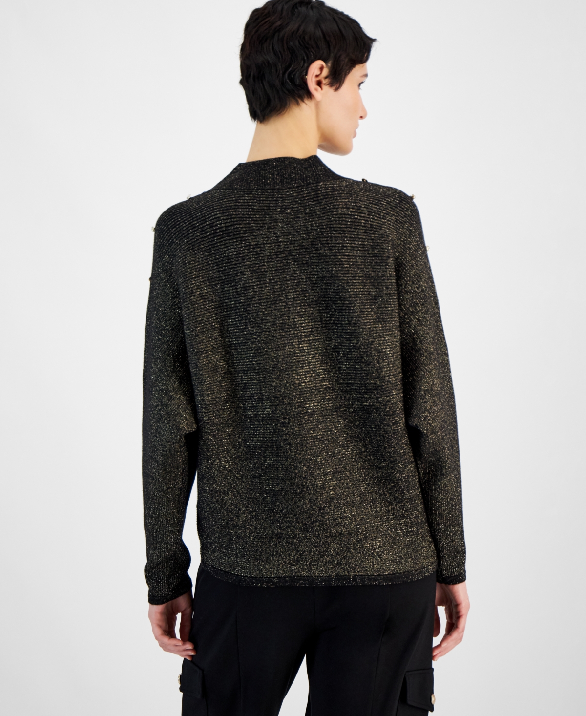 T Tahari Women's Metallic Embellished Ribbed Mock-neck Sweater In Black,gold