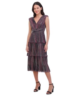 Women's Crinkled Metallic-Knit Extended-Shoulder Tiered V-Neck Midi Dress