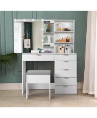 White Dressing Table Set with 6 Pumps, 2 Shelves, Mirror Cabinet & 3-Tone Light Bulbs