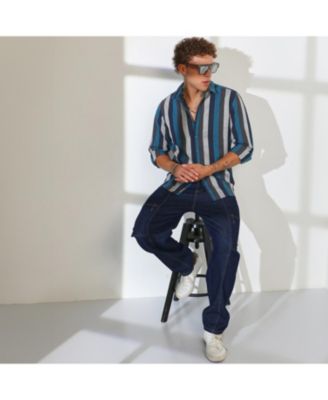 Men's Navy Blue & Ash Grey Block-Striped Shirt