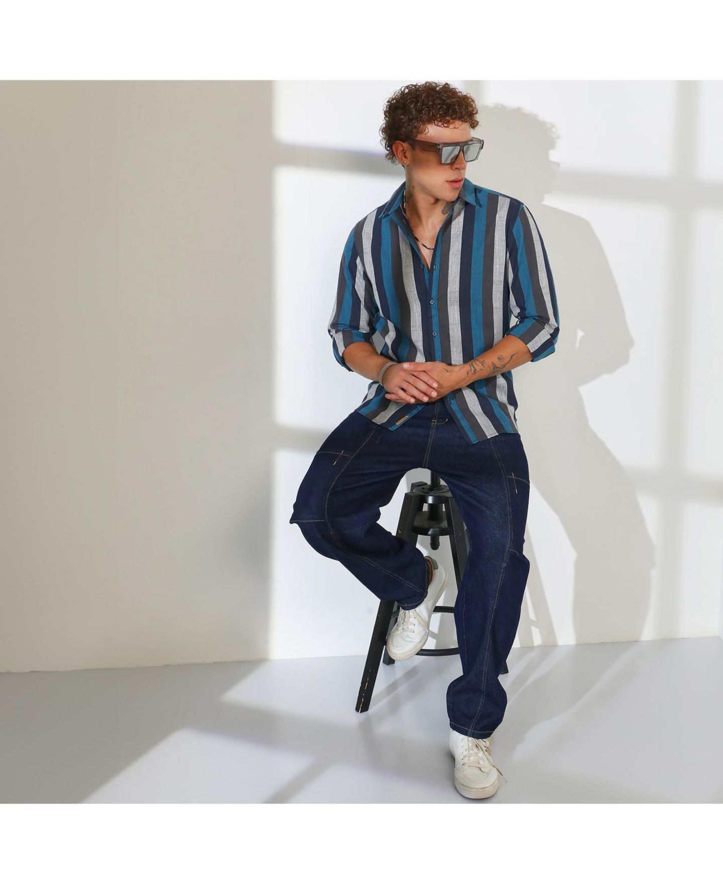 Мужская рубашка Cahoot Campus Sutra Navy Blue & Ash Grey Block-Striped, цвет: Синий — фото 3