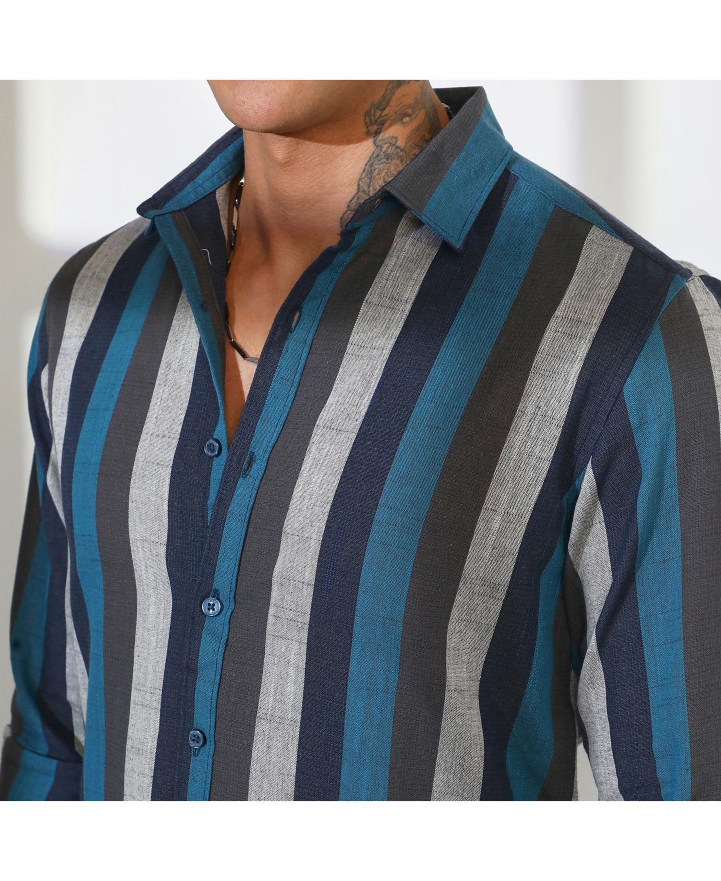 Мужская рубашка Cahoot Campus Sutra Navy Blue & Ash Grey Block-Striped, цвет: Синий — фото 7