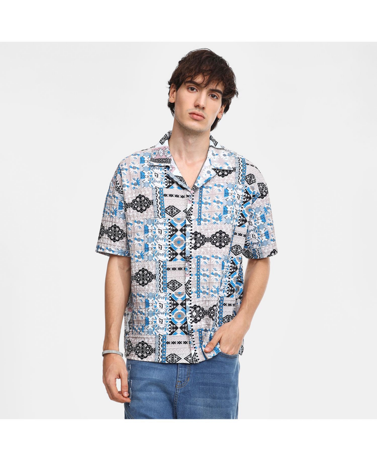 Abstract Seersucker Shirt - Blue
