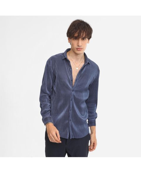 Мужская рубашка Cahoot Navy Blue Textured-Pleat, цвет: Синий