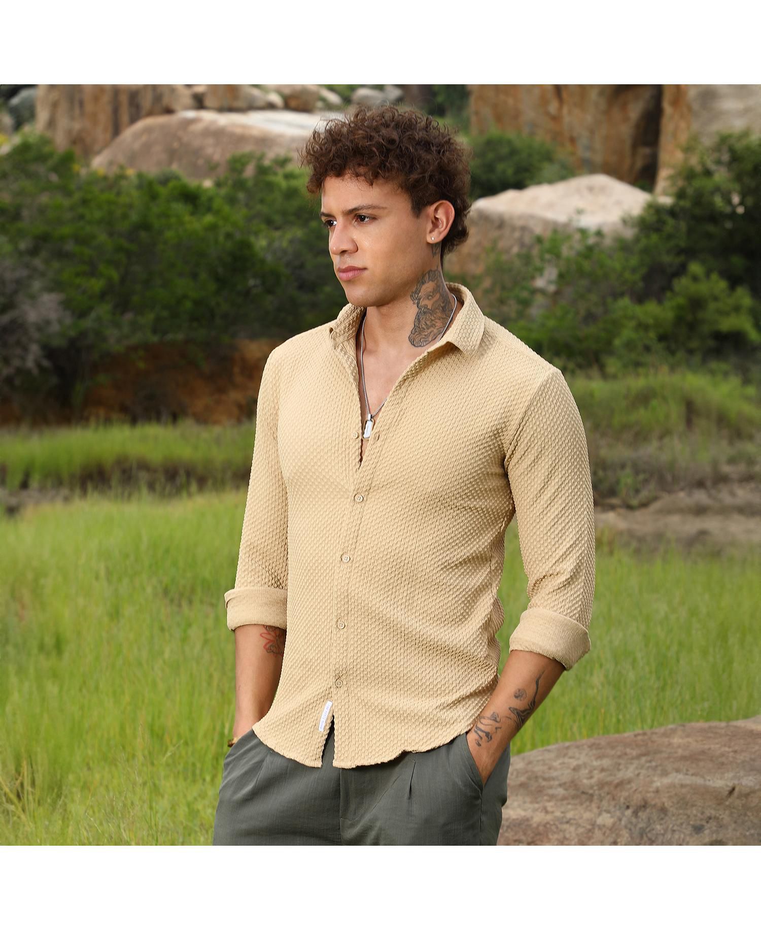 Men's Tan Brown Micro Cubic-Textured Shirt