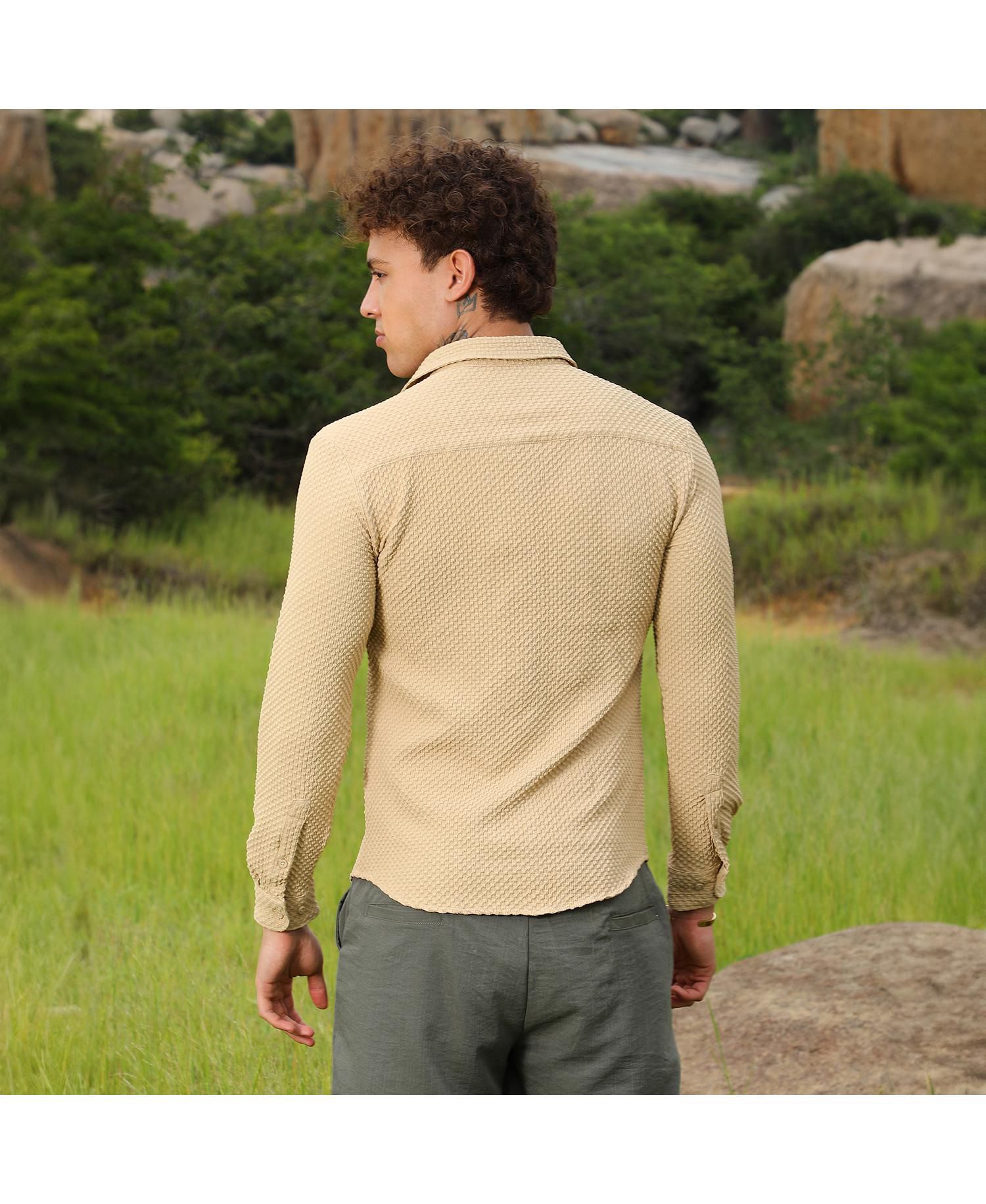 Men's Tan Brown Micro Cubic-Textured Shirt