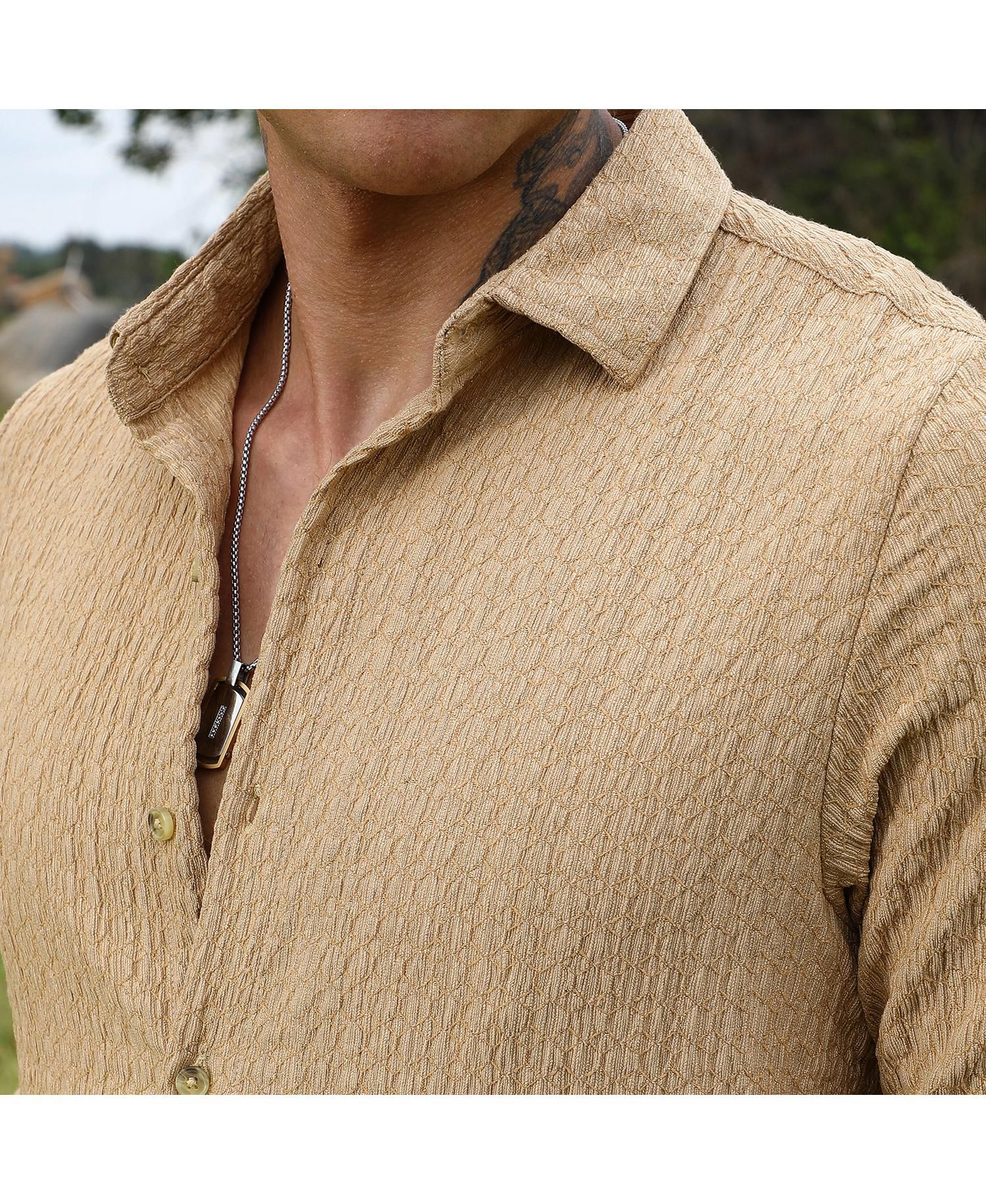 Men's Buff Beige Micro Hexagon-Lined Shirt