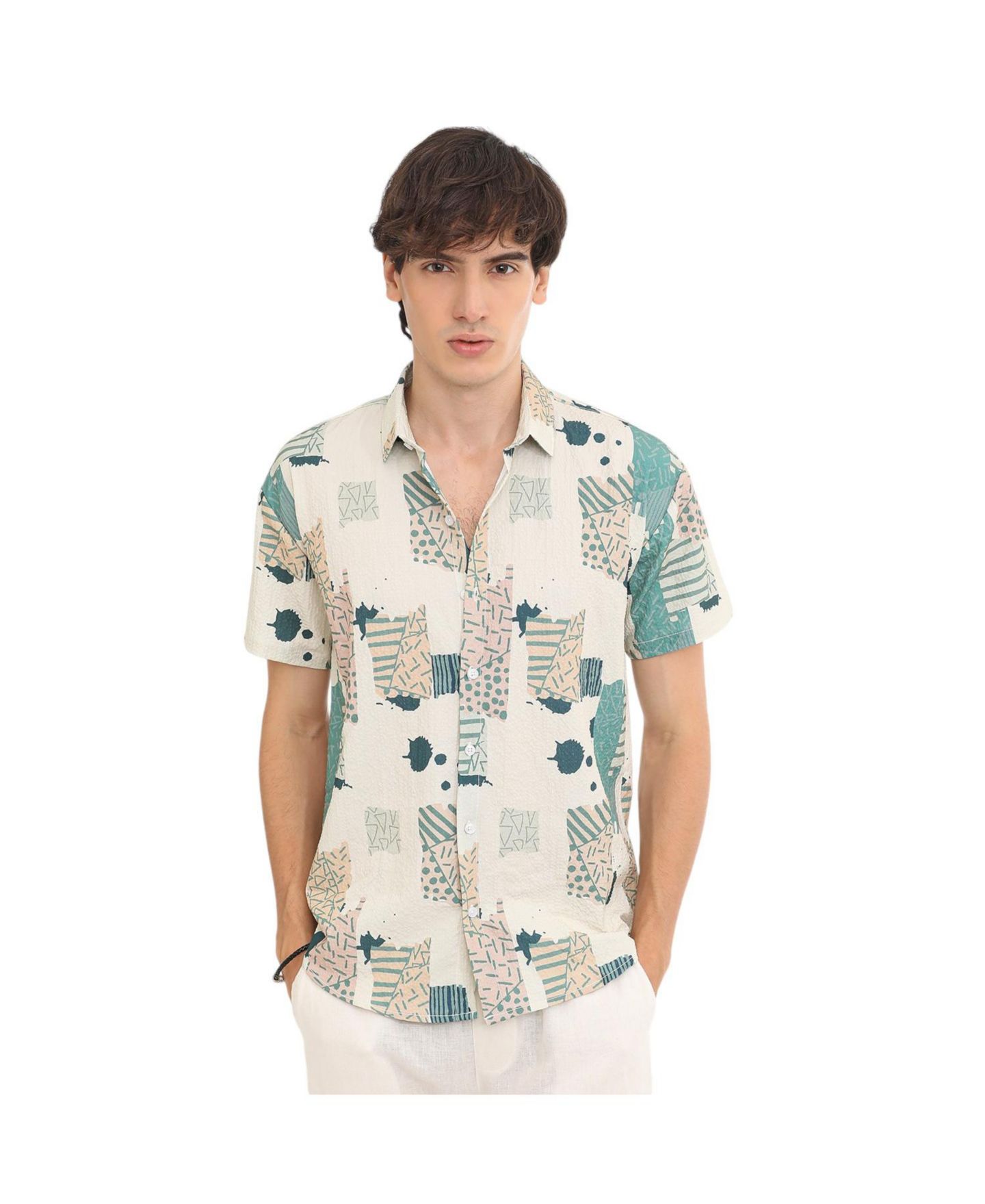 Мужская рубашка Cahoot Forest Green & Bone Beige Abstract Seersucker, цвет: Зелёный — фото 1