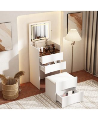 LED Light White Wood 3-Drawer Chest of Drawers with Flip-top Mirror