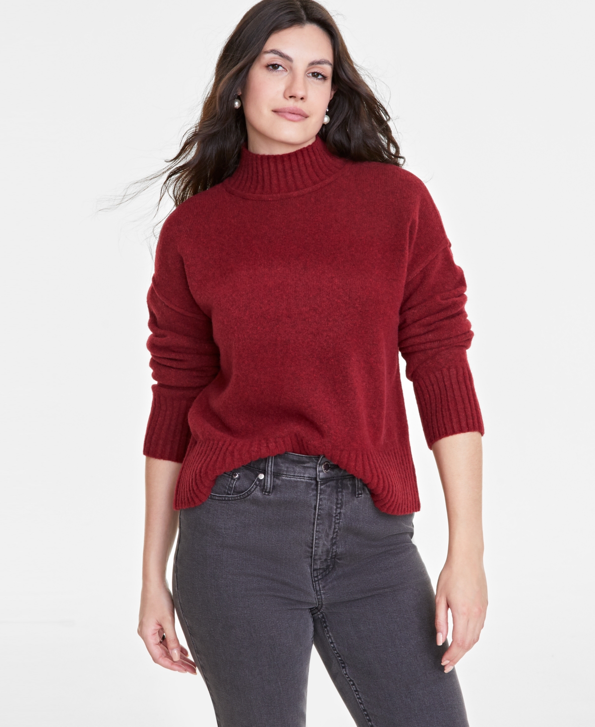 On 34th Women's Mock-neck Jersey Roll-trim Sweater, Exclusively At Macy's In Bright Rhubarb