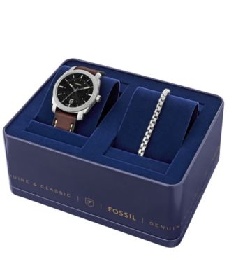 Men's Machine Three-Hand Date Brown Leather Watch and Bracelet Set, 42mm