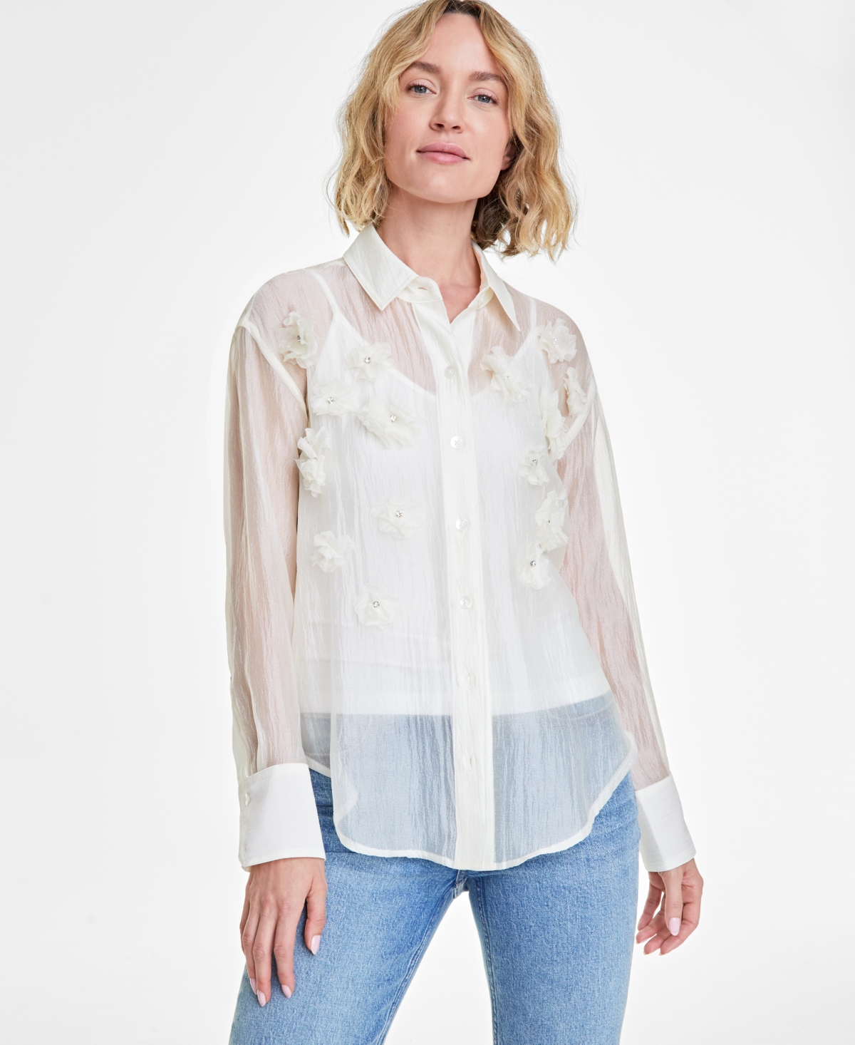 Shop On 34th Women's 3d Floral Relaxed Organza Shirt, Created For Macy's In Antique Shell