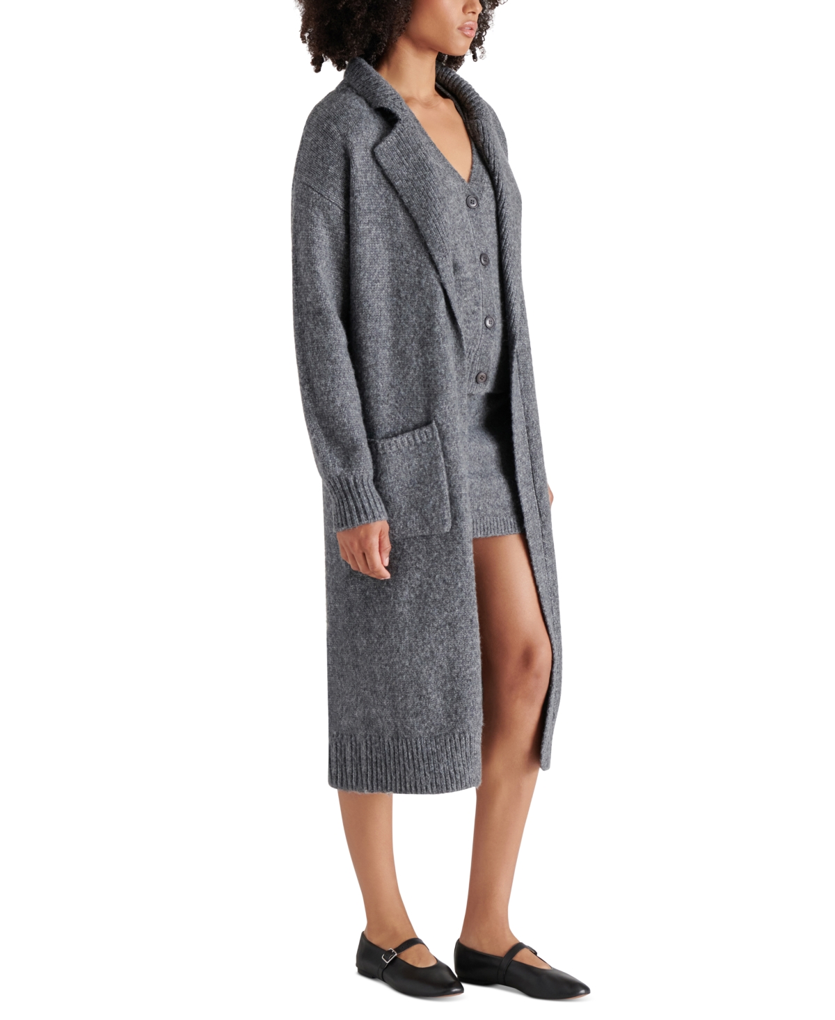 Steve Madden Marl Notched Lapel Longline Cardigan In Heather Charcoal