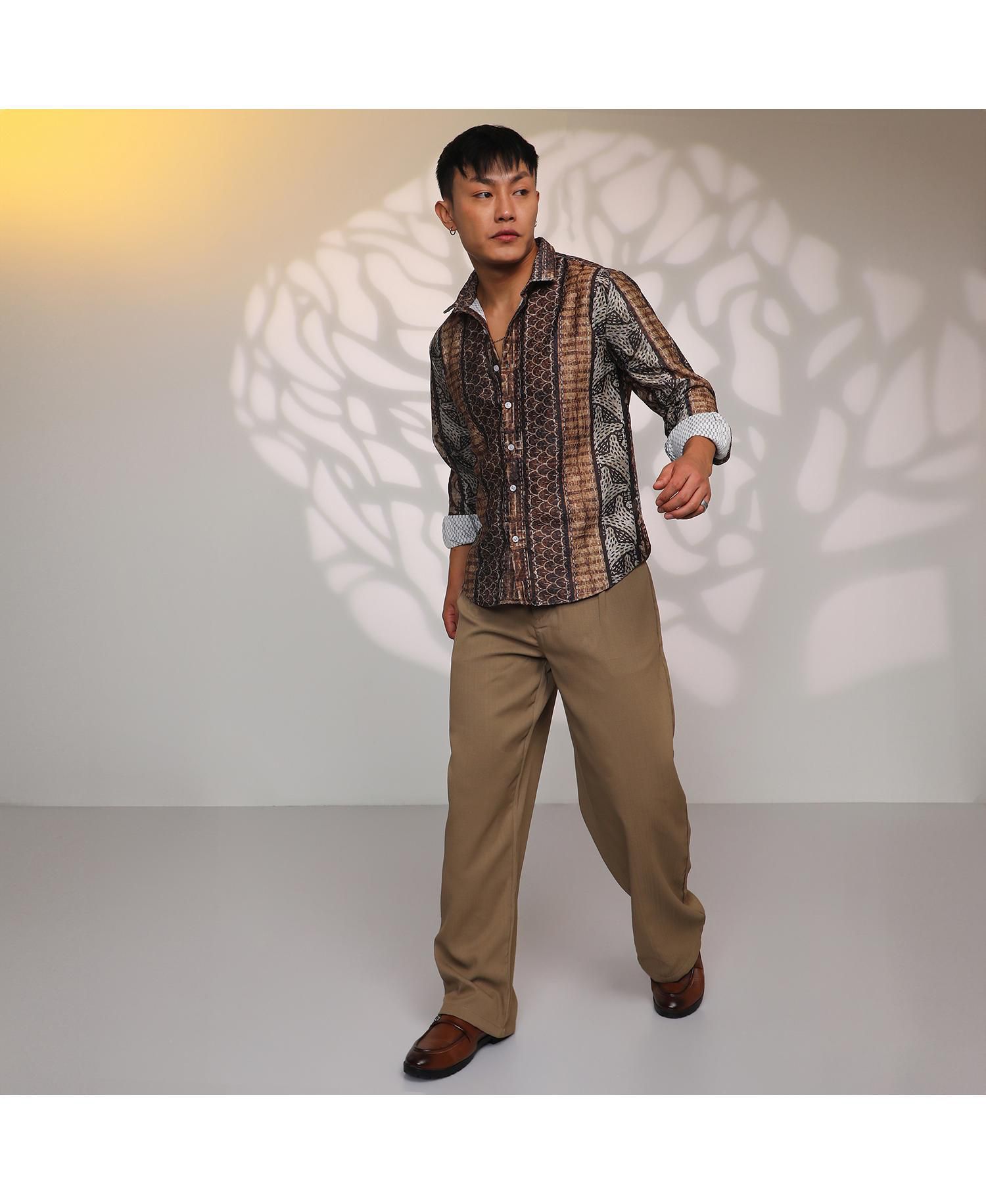 Men's Chocolate Brown Folk Print Shirt