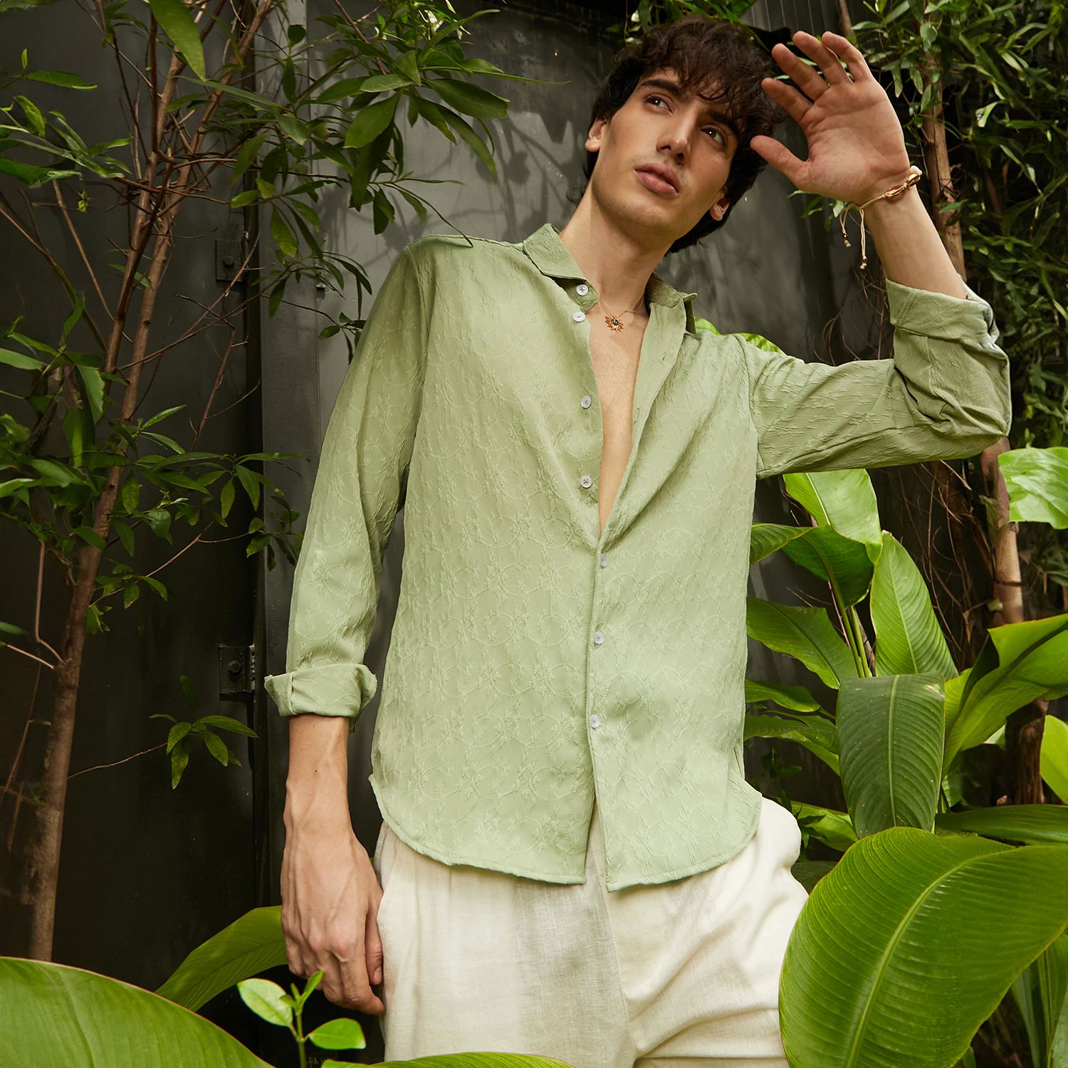 Men's Avocado Green Floral-Textured Shirt