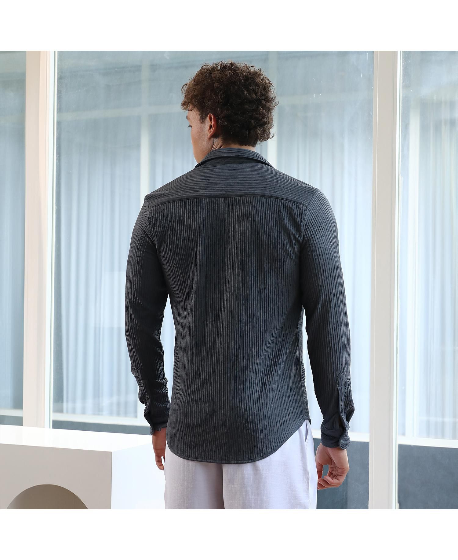 Men's Powder Grey Solid Creased Shirt