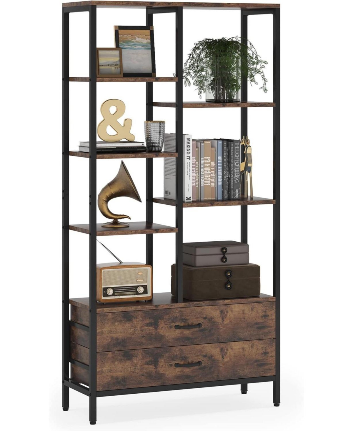 Tribesigns Bookshelf Bookcase Set of 2, Modern Tall Bookcase with Drawers, 5-Tier Wood Etagere Bookshelves with Open Storage Space, 2 Drawer Book shle