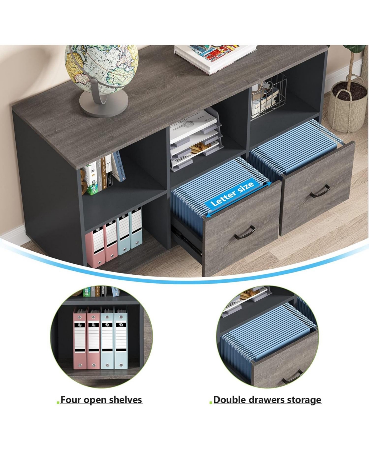 Tribesigns 2 Drawers Lateral File Cabinets, Home Office Mobile Wood Filing Cabinet Printer Stand with Wheels and Open Storage Shelves,Drawers