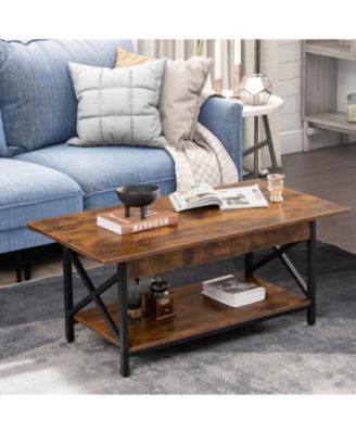 Coffee Table Industrial 2-Tier w/ Storage Shelf &Storage Shelf for Living Room Rustic Brown