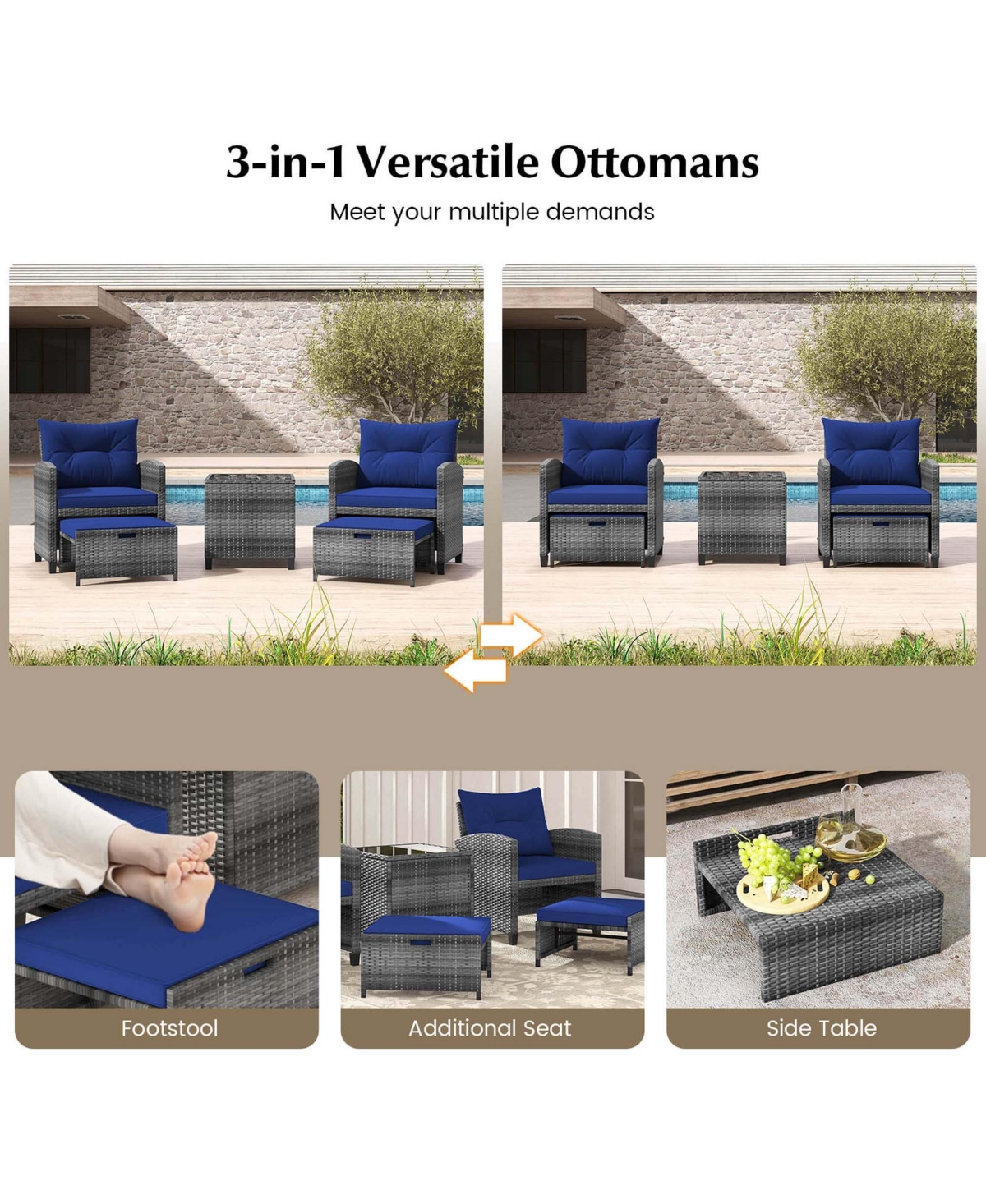 Costway 5 Piece Patio Rattan Furniture with 2 Ottomans & Tempered Glass Coffee Table