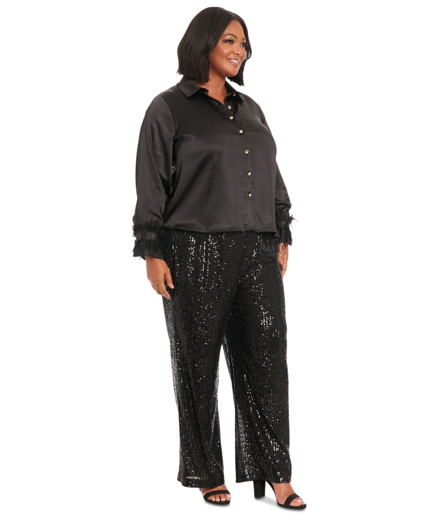 Женская рубашка Muse Plus Size Collared Faux Feather-Trim-Sleeve Satin, цвет: Чёрный — фото 6