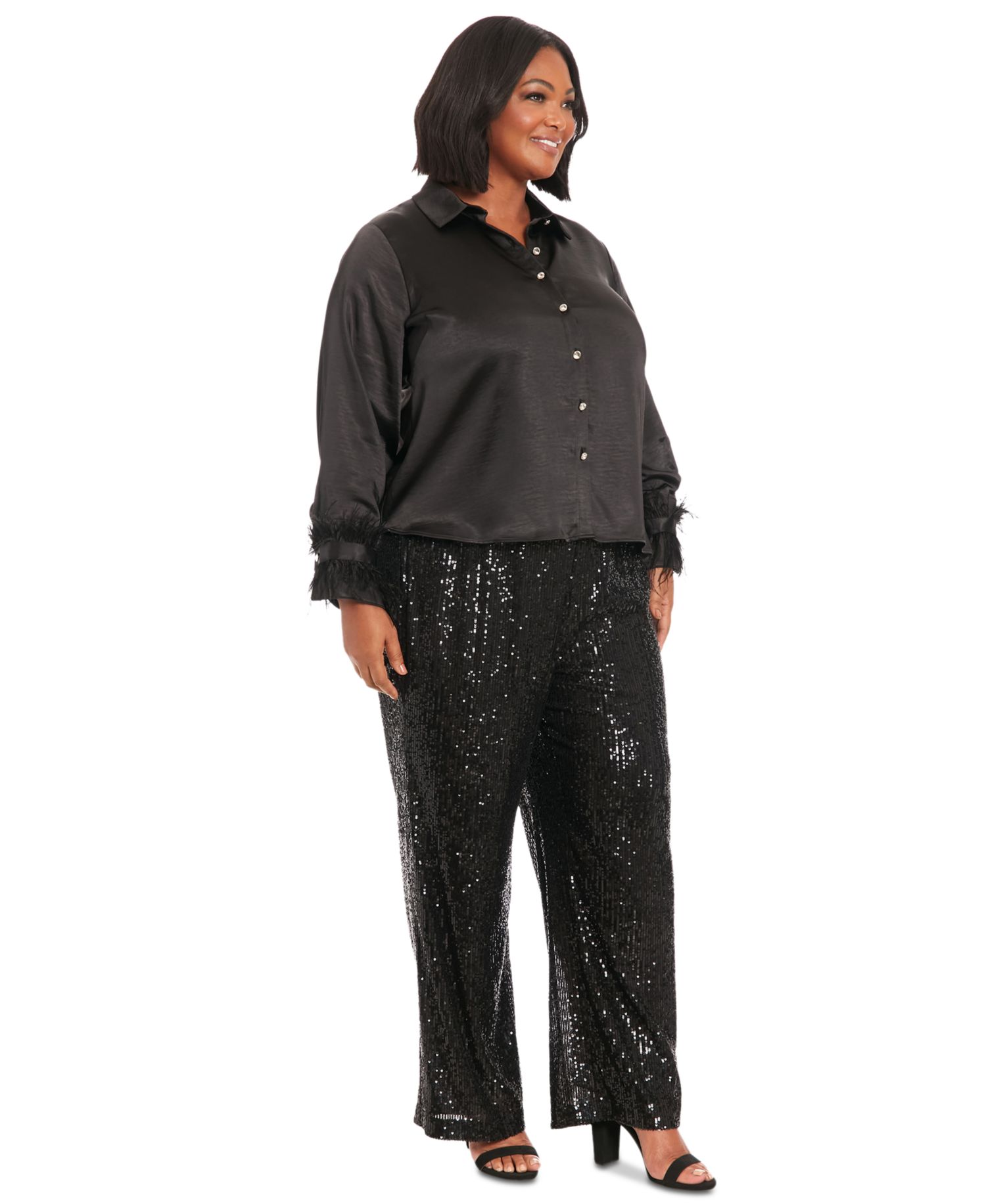 Plus Size Collared Faux Feather-Trim-Sleeve Satin Shirt