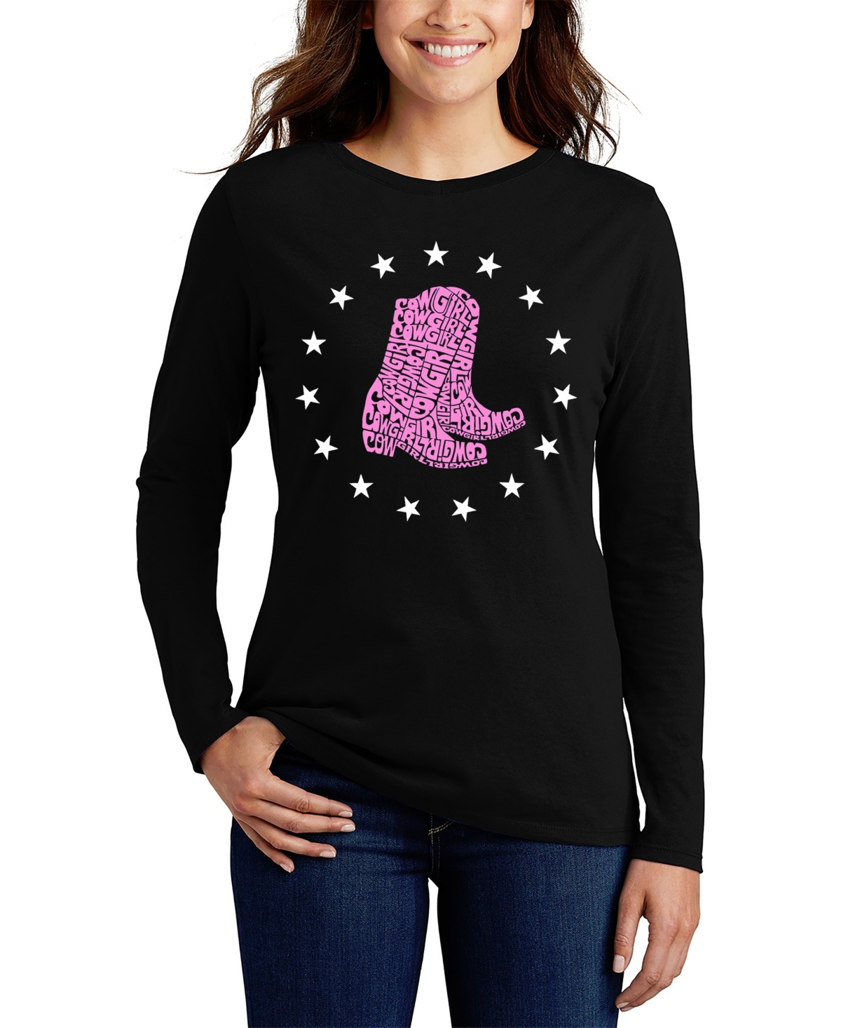 LA POP ART WOMEN'S COWGIRL BOOTS WORD ART LONG SLEEVE T-SHIRT 
