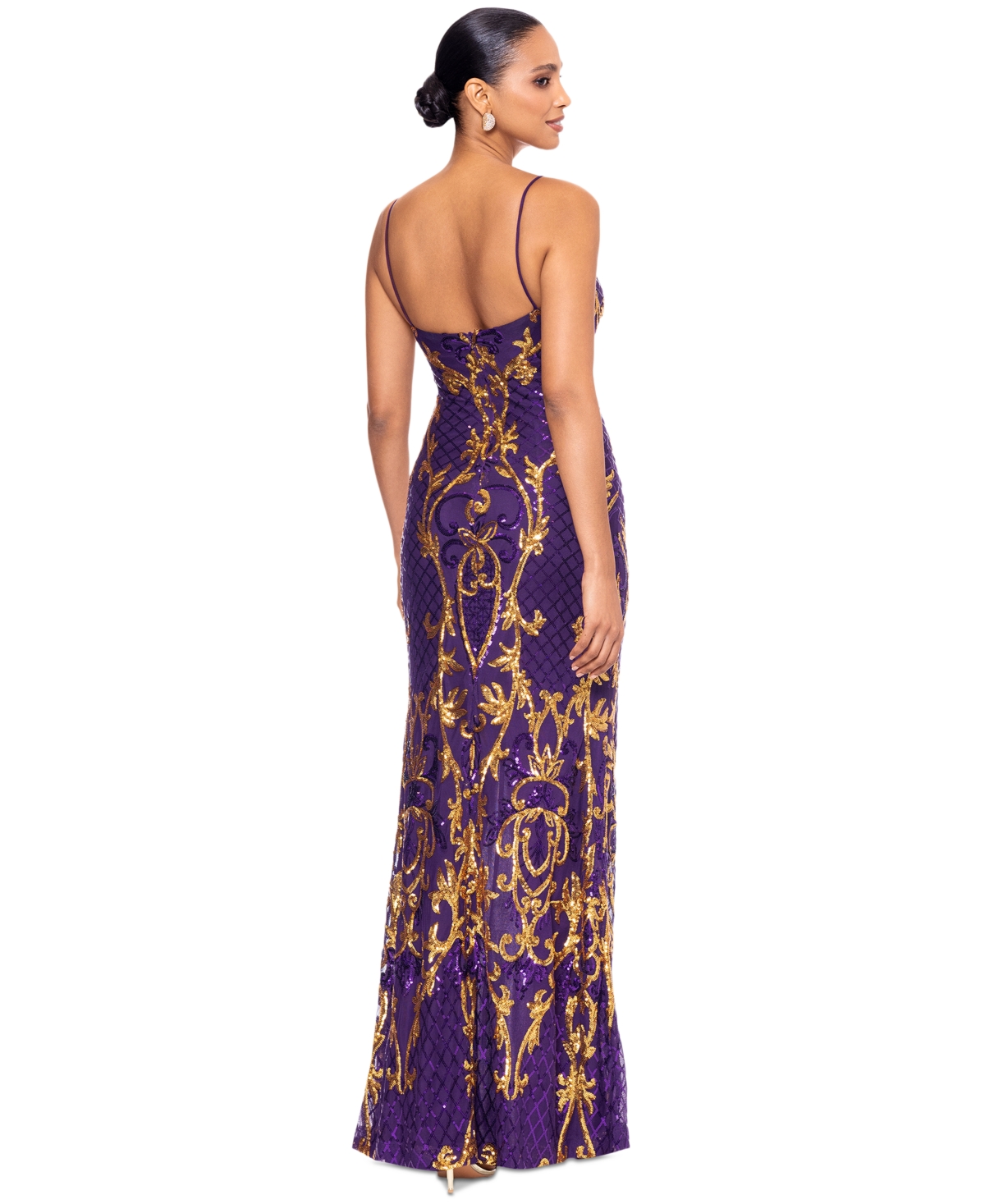 Betsy & Adam Women's Sequined Patterned Gown -Gold