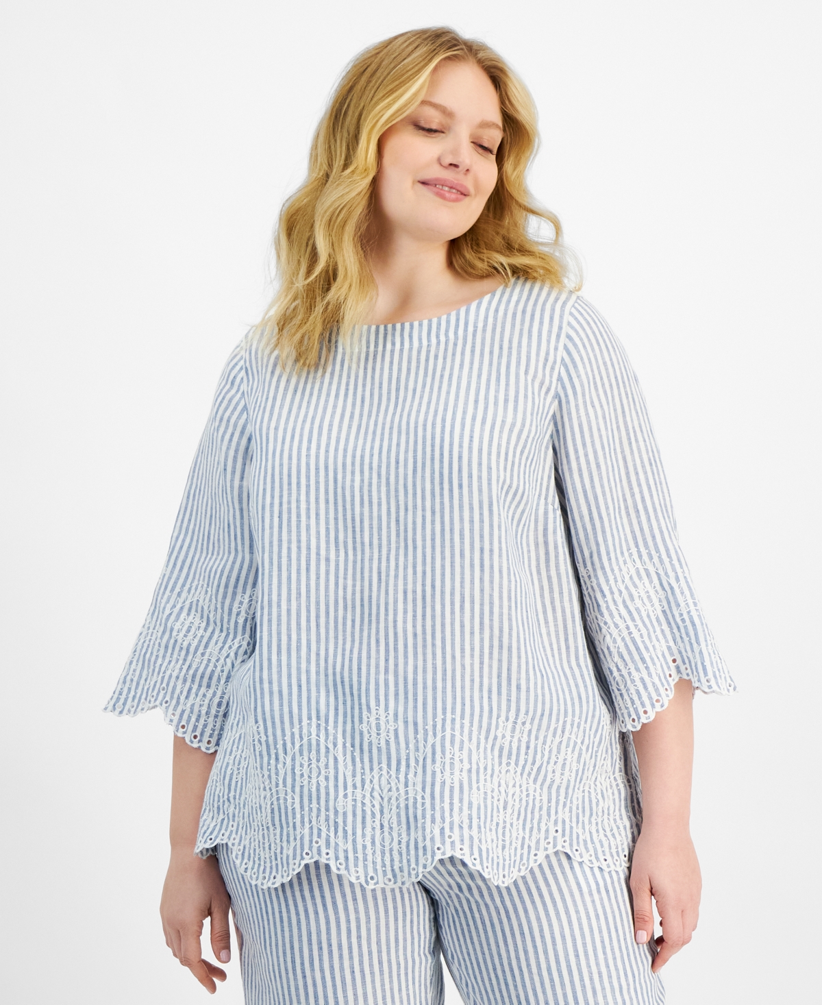 Charter Club Plus Size Linen 3/4-Sleeve Striped Top, Exclusively at Macy's