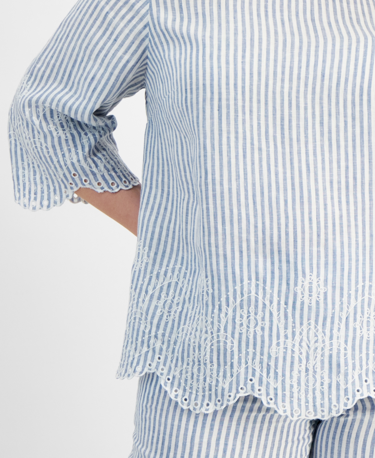 Charter Club Plus Size Linen 3/4-Sleeve Striped Top, Exclusively at Macy's