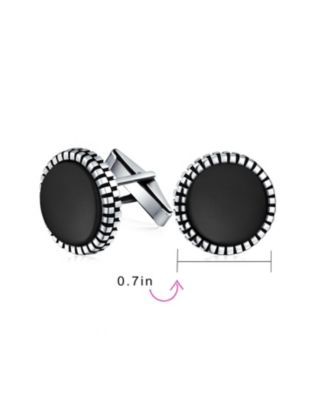 Classic Formal Geometric Blackened Pattern Edge Round Circle Natural Black Onyx Shirt Cufflinks Bullet Hinge .925 Sterling Silver