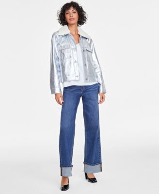 Women's Solid Metallic Faux-Leather Jacket with Removable Faux-Sherpa Collar, Exclusively at Macy's