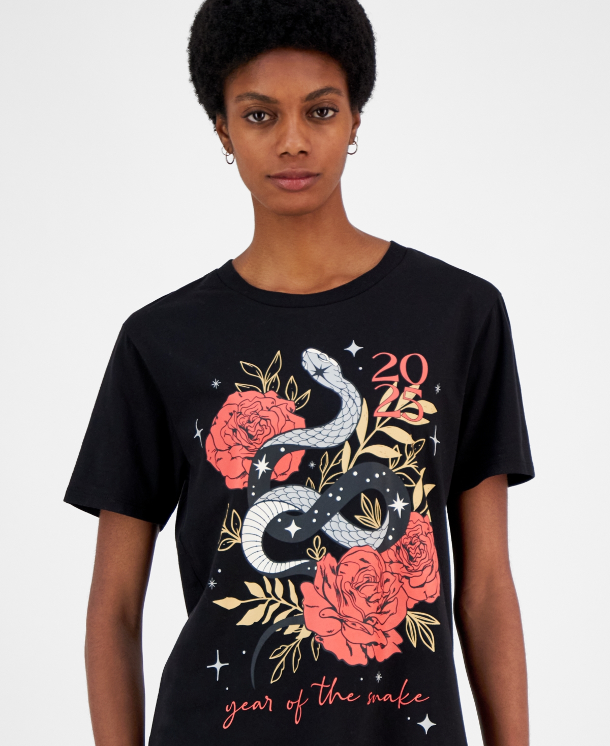Love Tribe Juniors' Celestial Rose Year Of The Snake Graphic T-shirt In Black