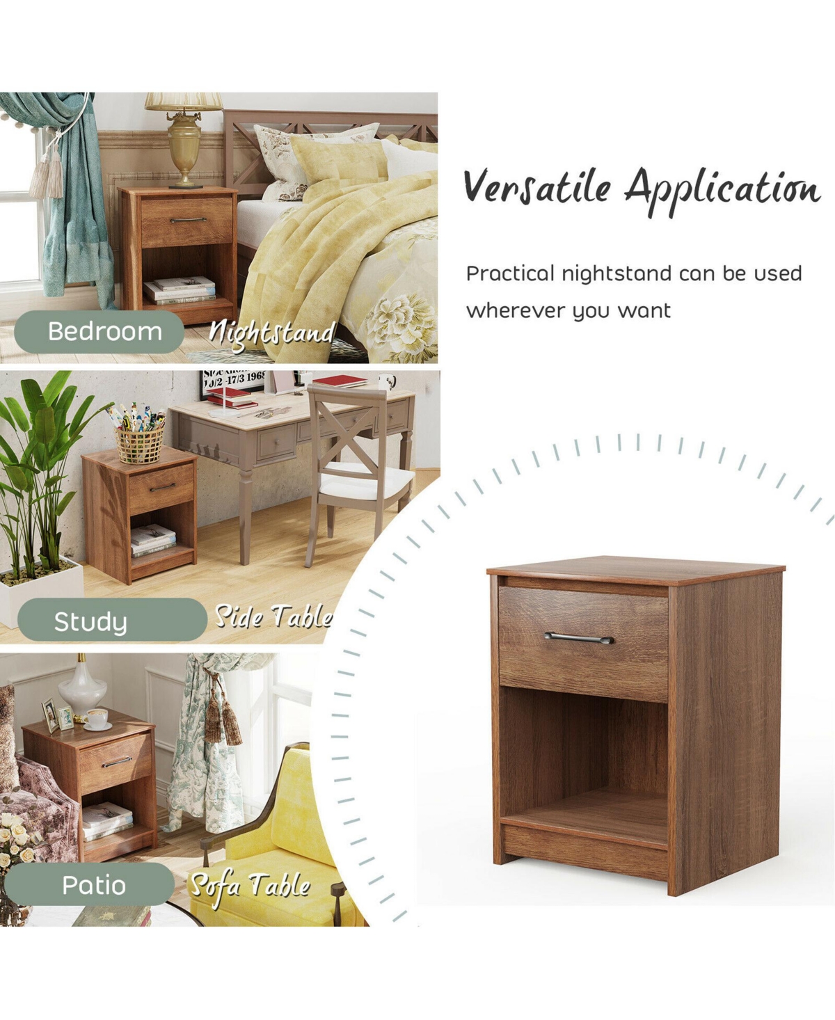 Gymax 2PCS Nightstand with Drawer Storage Shelf Wooden End Side Table Bedroom- Brown