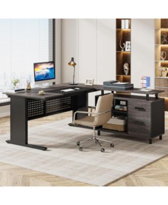 63 Inch Executive Desk with File Cabinet, Large Office Desk L Shaped Computer Desk with Drawers and Storage Shelves
