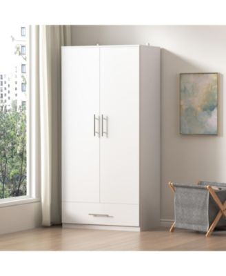 White 2-Door Wardrobe Armoire with 1-Drawers and Hanging Rod