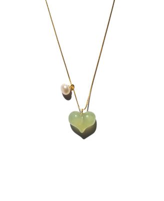 Puffed heart — Green jade & pearl pendant necklace