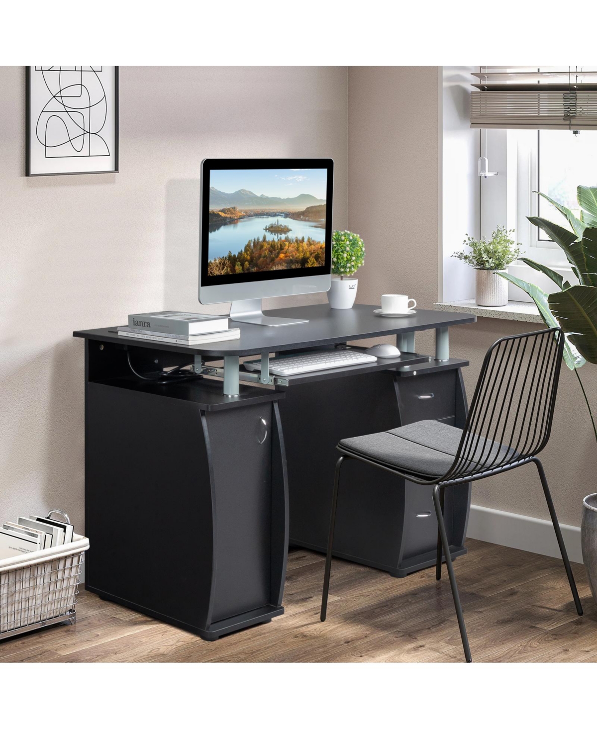 Slickblue Portable Computer Desk –Pb Wood, 15mm, with 1 Door and 3 Drawers - Black
