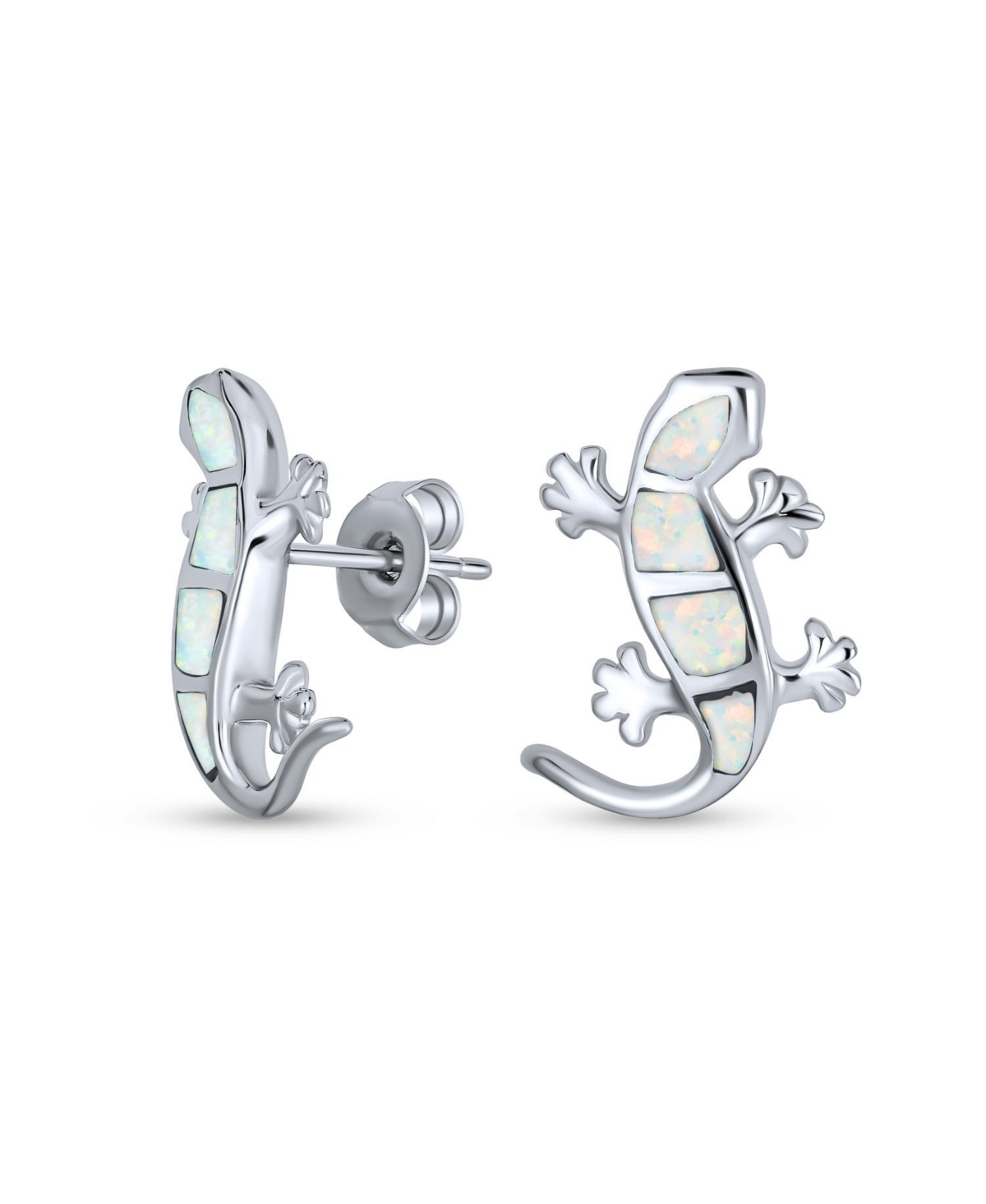 Iridescent Created Opal Inlay Garden Gecko Lounge Lizard Stud Earrings Sterling Silver - White