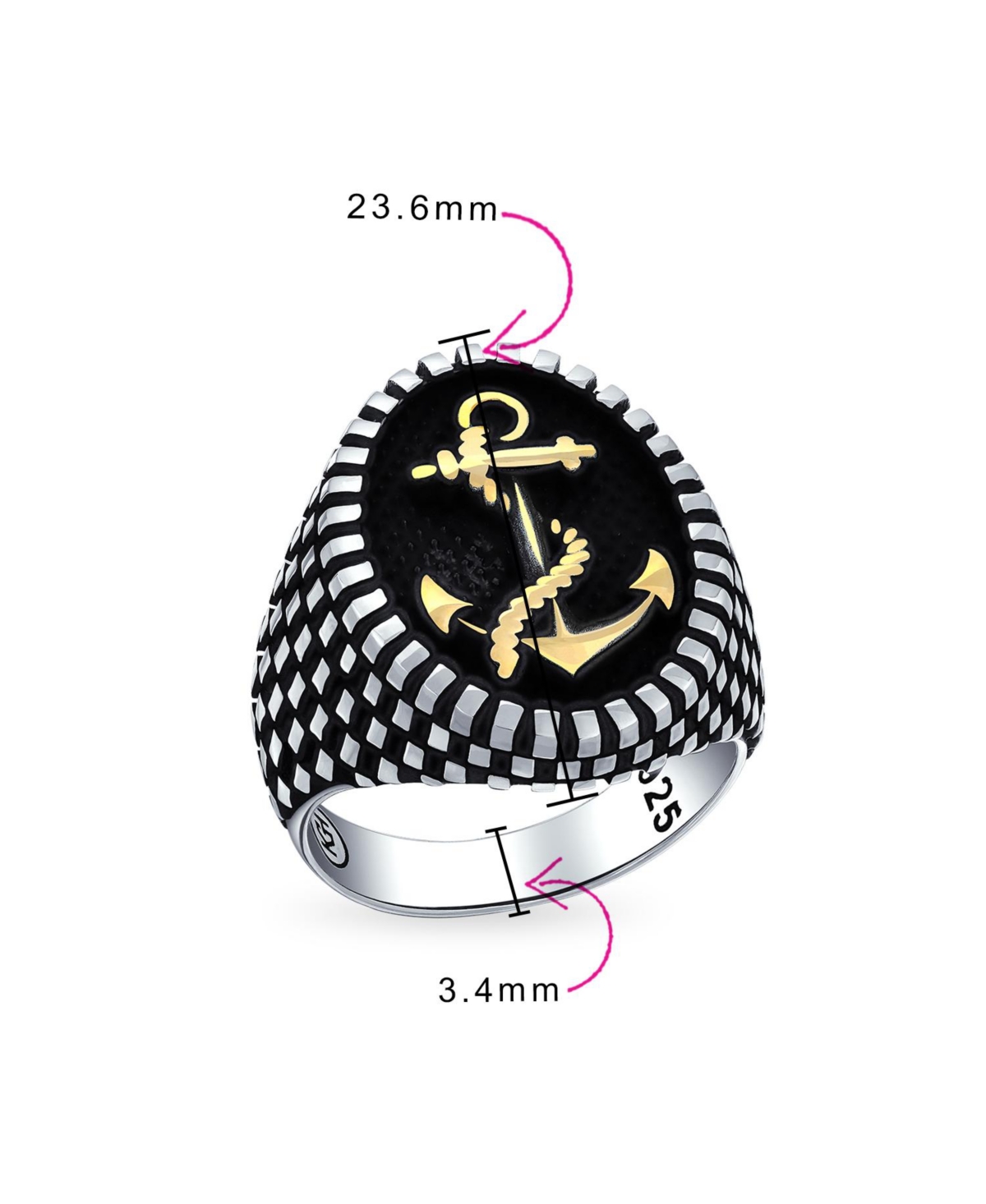 Bling Jewelry Large Rope Anchor Signet Ring Checker Board Black .925 Silver - Black gold-tone