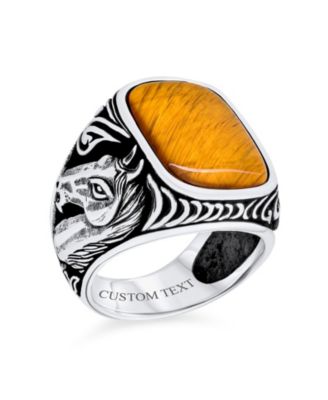 Natural Black Onyx Brown Tiger Eye Equestrian Stallion Horse Ring Sterling Silver