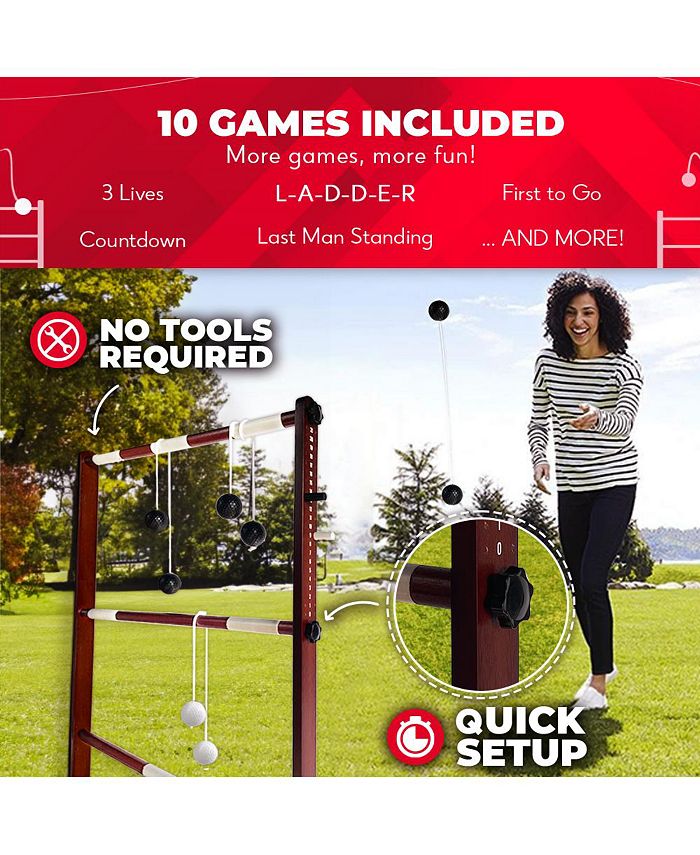 SWOOC Wooden Ladder Ball Game Set (Weather Resistant) - With 10 Games & Carrying Case - Easy, No Tool Asssembly - Yard Games - Brown - Medium
