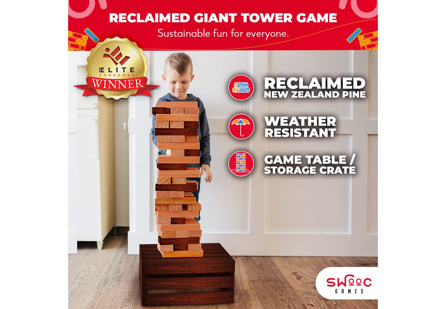 Детские игрушки SWOOC Reclaimed Wood Giant Tower Game with Storage Crate / Outdoor Game Table Set 60 Large Blocks Jumbo Lawn Games — фото 4