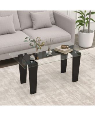 Rectangle Coffee Table Modern Tempered Glass Top Accent Table Black