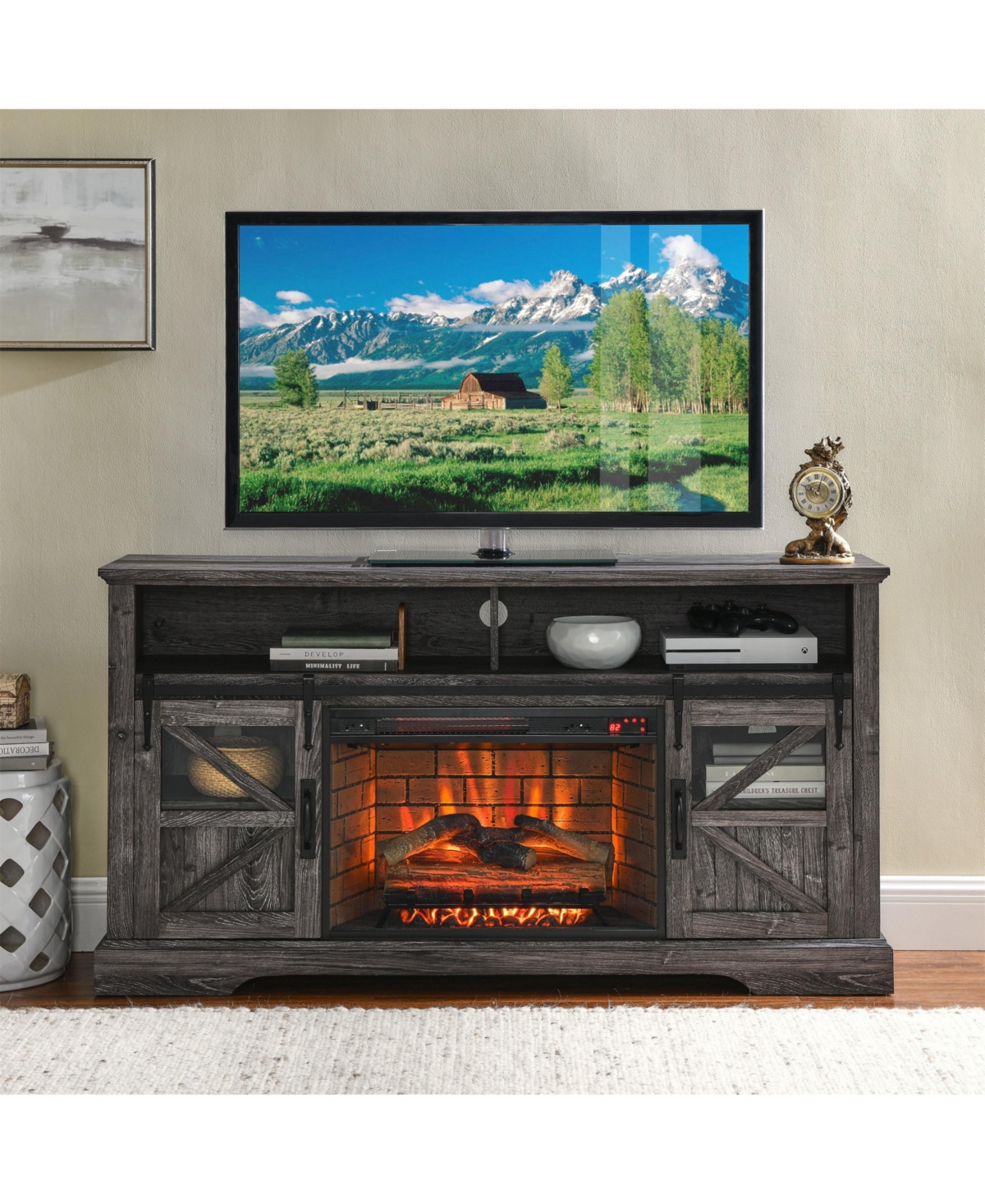 Mondawe Electric Fireplace Entertainment Center With Door Sensor-Dark Rustic Oak