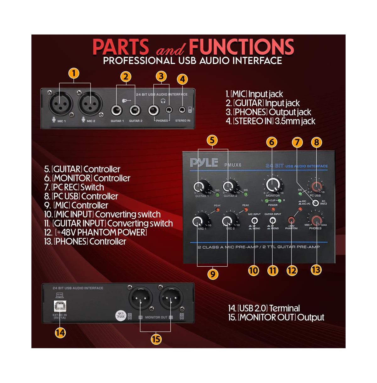 Pyle Professional Usb Audio Interface with Mic/Line, Guitar, Aux, and Rca Inputs