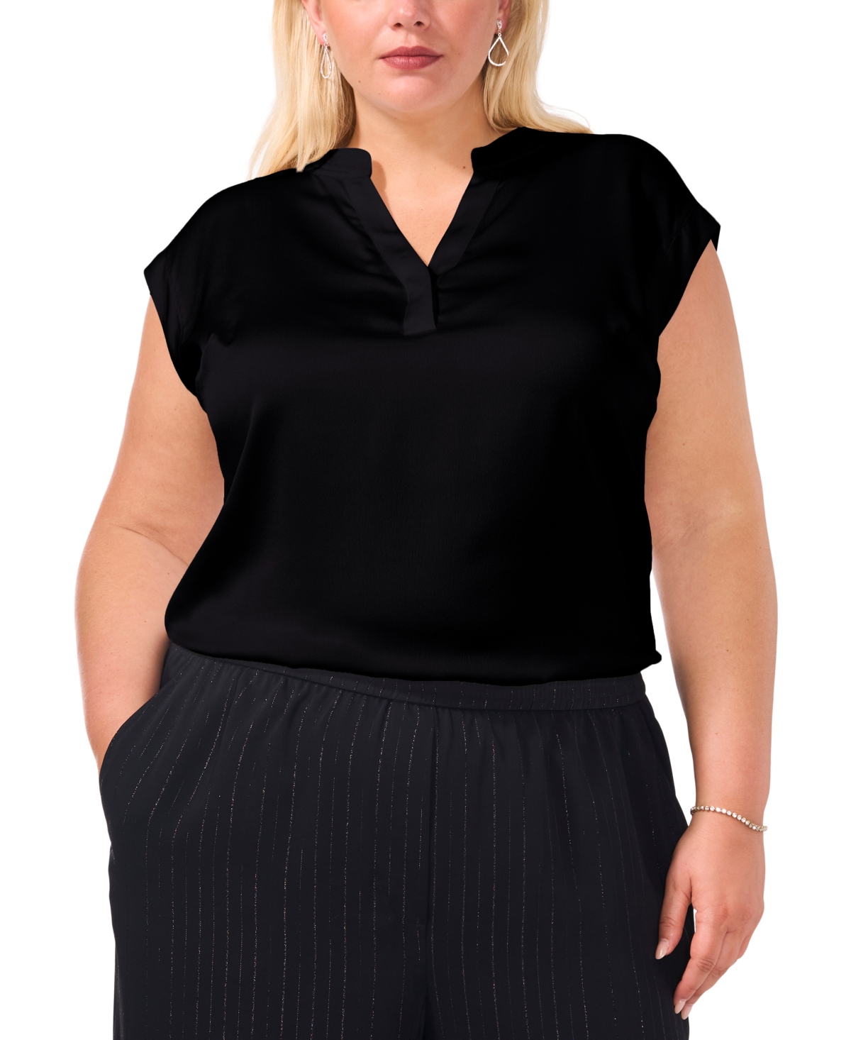 VINCE CAMUTO PLUS SIZE SPLIT-NECK CAP-SLEEVE BLOUSE, CREATED FOR MACY'S 